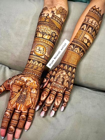 A classic bridal design with a bride figure on one palm and personalized initials "CA" on the other.