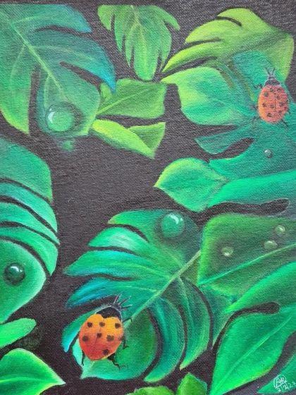 An oil painting by my 14-year-old student, Abhay Kashyap. He has created a wonderful composition of monstera leaves and ladybugs, playing with light, shadow, and water droplets.