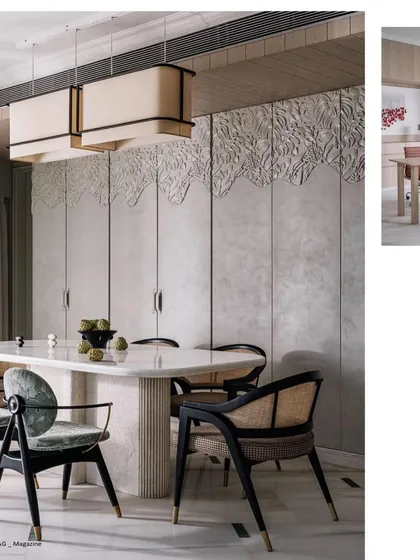 Our Emerald Sky project was featured in G&G Magazine. This shot shows the elegant dining room with its textured wall panels and sophisticated furniture.