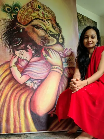 This 7x3.5 ft painting of Lord Narsimha protecting Bhakt Prahlad was a special commission for a newborn's room. It tells a powerful story of devotion and divine protection, and I hope it showers the little one with blessings.