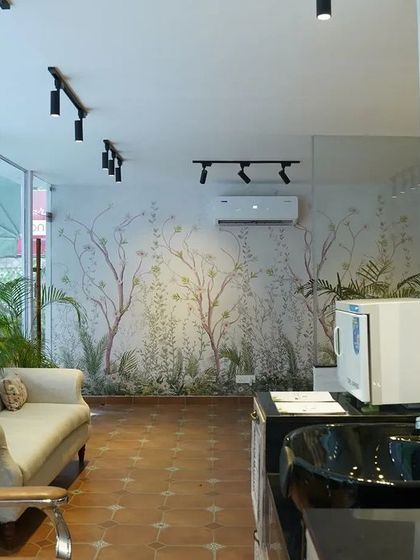 A wide view of one of my salon spaces, showcasing the clean, modern design combined with natural elements to create a refreshing and welcoming atmosphere.