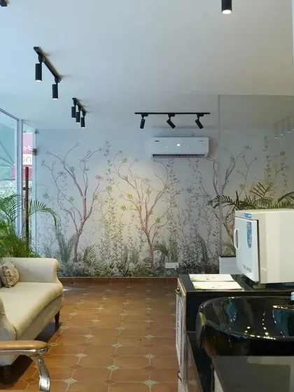 A wide view of one of my salon spaces, showcasing the clean, modern design combined with natural elements to create a refreshing and welcoming atmosphere.