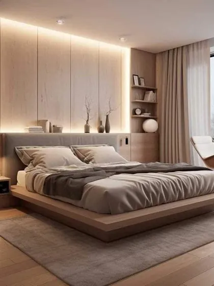 I create serene and restful bedrooms by combining natural textures with smart lighting. This design features a floating bed frame and a wood-paneled accent wall with integrated backlighting, resulting in a calm, contemporary retreat.