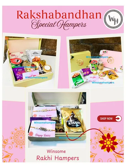 A collage showcasing the variety of my special Rakshabandhan hampers. It displays different packaging options, from elegant boxes to festive trays, all filled with a mix of chocolates, snacks, and designer rakhis.