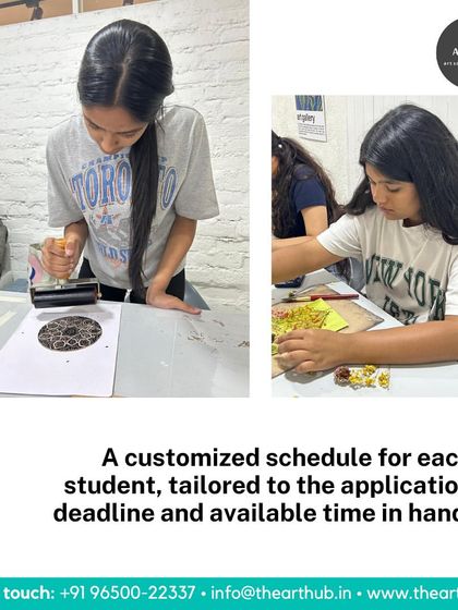 A customized schedule is created for each student, tailored to their application deadline and available time. This collage shows students engaged in printmaking and mosaic work.