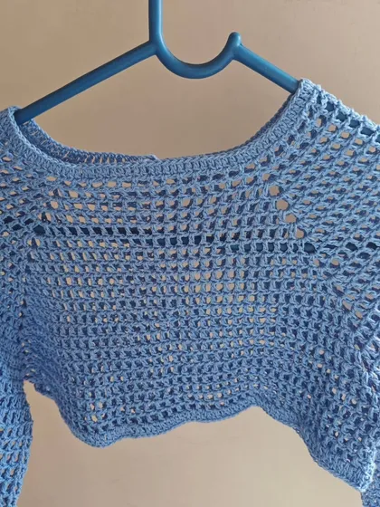 A close-up of the neckline and mesh pattern of the light blue shrug. The craftsmanship ensures it's both delicate and durable.