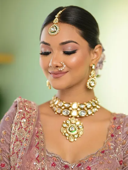 A detailed shot of the makeup with eyes closed, showing the soft, blended eyeshadow and flawless base.