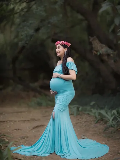 A stunning side-profile of the mom-to-be in a light blue gown, set against a darker, wooded background that makes the subject stand out.