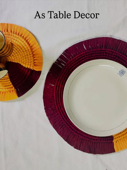 See how these mats function as table decor. The larger one works perfectly as a placemat for a dinner plate, while the smaller one is ideal for a side dish or a cup, creating a coordinated and stylish table setting.