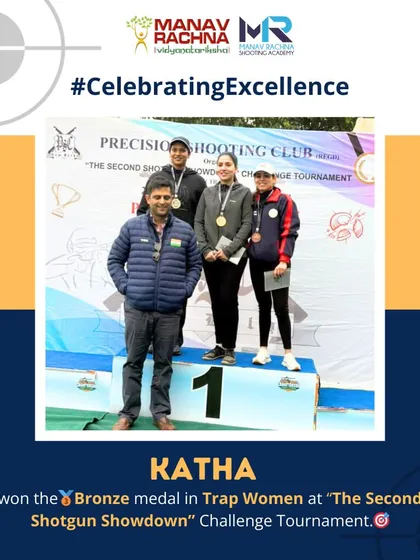 Our shooter Katha celebrates her Bronze medal win in Trap Women at 'The Second Shotgun Showdown' Challenge Tournament, another podium finish for our talented athletes.