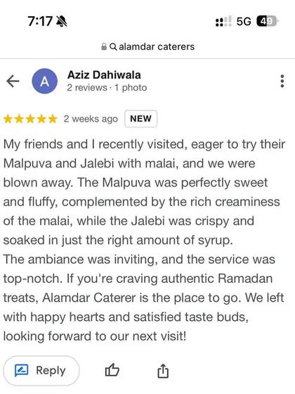 A wonderful review from a guest who loved our Malpua and Jalebi with malai. We are so happy they found our desserts authentic and our service top notch.