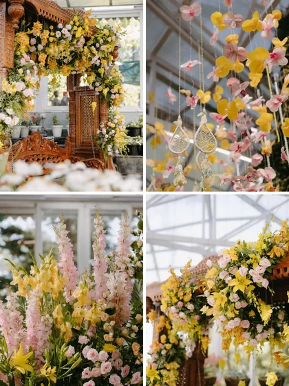 A collage of the intricate floral details from the Mussoorie Haldi. It highlights the hanging floral strings, the mix of pink and yellow blooms, and the traditional kaleeras woven into the decor.