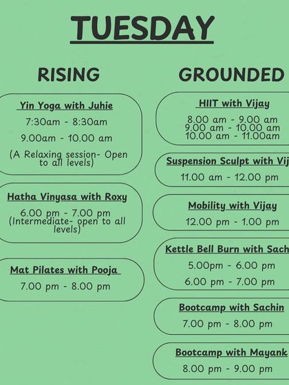Our Tuesday schedule, featuring Yin Yoga, Hatha Vinyasa, HIIT, Suspension Sculpt, and Bootcamp to challenge both mind and body.