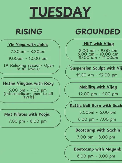 Our Tuesday schedule, featuring Yin Yoga, Hatha Vinyasa, HIIT, Suspension Sculpt, and Bootcamp to challenge both mind and body.