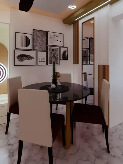 A dining area concept with a gallery wall of black and white prints.