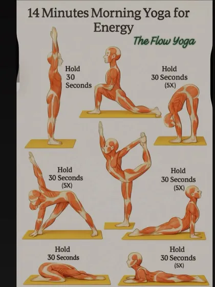 A 14 minute morning yoga flow designed to boost your energy. This anatomical chart shows how each pose engages your muscles, from standing stretches to backbends.