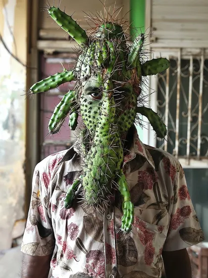 A more advanced stage of 'Cactogenesis', where the human face is almost completely obscured by the cactus growth. This series explores a slow, horrifying transformation.