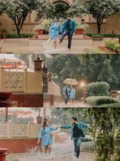 A collage capturing the pure fun of playing in the rain. These shots are full of movement and laughter, showing the couple letting go and enjoying the moment together.