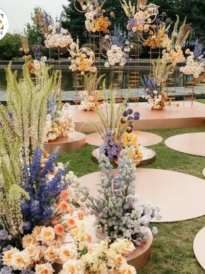 A unique and artistic floral installation for an outdoor event, using a variety of colorful flowers and grasses on circular platforms.