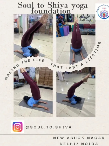 A collage of a student practicing an inversion, illustrating our philosophy of "Making the life that lasts a lifetime" through dedicated yoga practice.