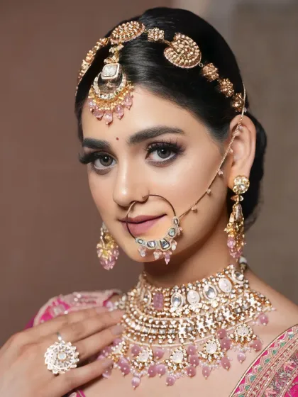 A beautiful portrait of the bride, showcasing her elegant matha patti and the soft glow of her makeup.