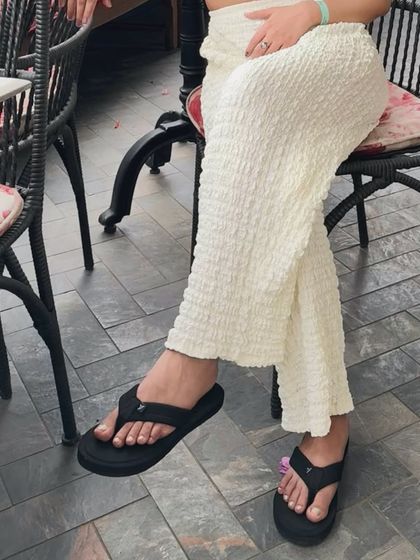 A close-up on the comfortable yet trendy platform flip-flops.