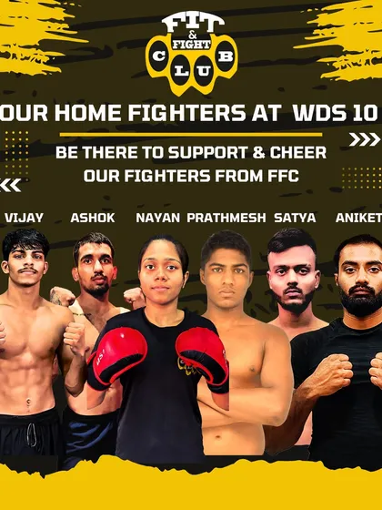 This is our team of home fighters ready for battle at WDS 10. Led by our experienced coaches Vijay, Ashok, and Nayan, these warriors represent the skill, dedication, and spirit of Fit & Fight Club.