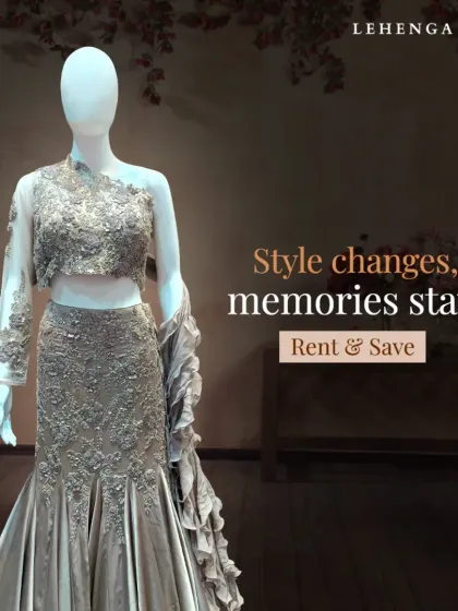 Style changes, memories stay. This modern mermaid-style lehenga in a metallic grey is a high-fashion choice for a reception or formal party.