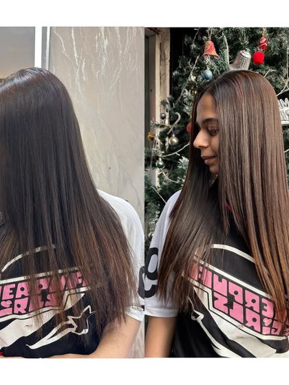 This before and after collage shows the effect of Hair Botox on medium-length hair. The treatment not only smooths the hair but also enhances its natural color and shine.