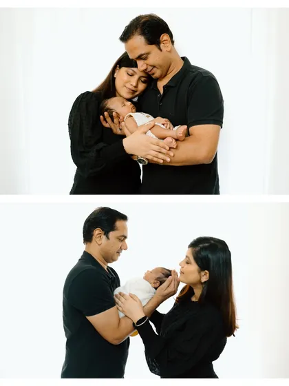 This collage shows different angles of a newborn family session, from the classic group hug to a sweet moment where the mother gently touches her baby's nose, showcasing the variety we capture.