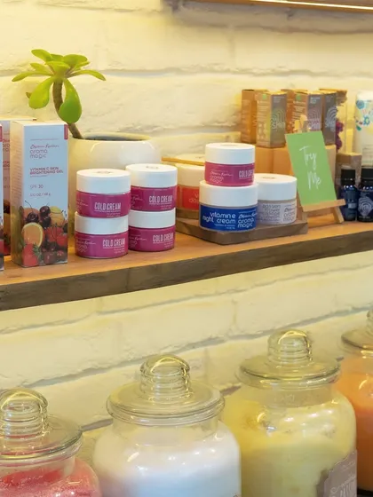 My product display features a variety of creams and serums. I believe in providing transparent, natural options for your daily skincare needs.