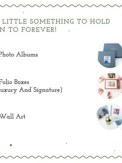 This graphic showcases the range of physical products I offer to help you preserve your memories, including Photo Albums, Folio Boxes, and Wall Art.