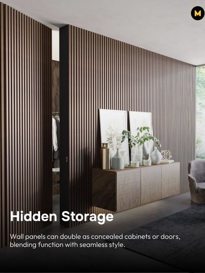 Wall panels can be functional too. This design shows how fluted panels can double as concealed doors for a closet or storage area, blending function with seamless style.