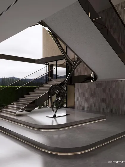 This view showcases the intricate engineering of the Meraki staircase. The structure appears to float, with glass balustrades ensuring an unobstructed view of its powerful, modern form and the landscape beyond.