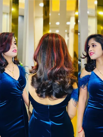 A three-way view of a client's party look. Her vibrant hair color and soft makeup are perfectly complemented by a set of elegant eyelash extensions.