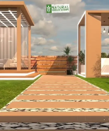This render for a Shahdara project shows two distinct pergola structures connected by a wooden pathway.