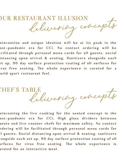 Details on our 'Restaurant Illusion' and 'Chef's Table' concepts. These experiences are designed with maximum safety in mind, using high glass dividers, personal menu cards, and social distancing to create an interactive yet secure meal.
