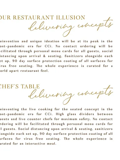 Details on our 'Restaurant Illusion' and 'Chef's Table' concepts. These experiences are designed with maximum safety in mind, using high glass dividers, personal menu cards, and social distancing to create an interactive yet secure meal.