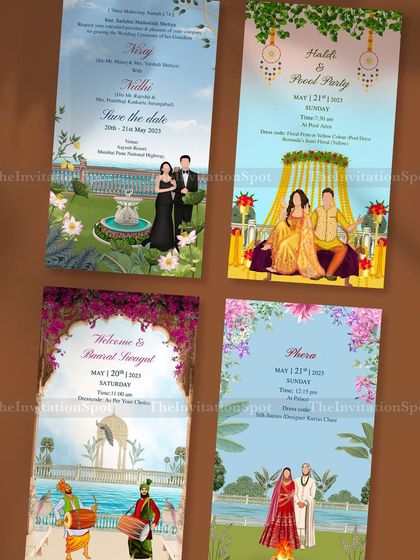Make your dream wedding unforgettable with our personalized touch. This collage showcases a full set of static invites, from the Save the Date and welcome event to the Haldi and Pheras, all with a cohesive, beautiful theme.
