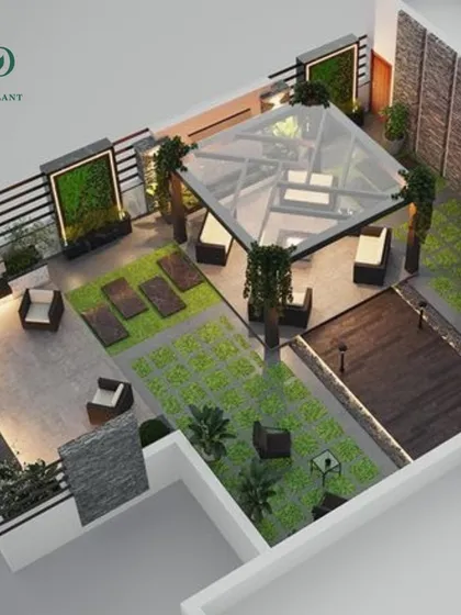 This top-down 3D render shows how I plan a complete terrace layout. You can see the different zones I designed, including a glass-covered seating area, an open-air lounge, vertical green walls, and a mix of turf and tile flooring.
