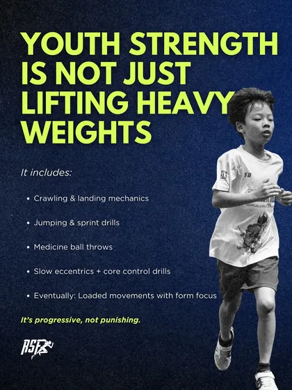 Youth strength training is not just about lifting heavy weights. It includes crawling and landing mechanics, jumping and sprint drills, and medicine ball throws. It's a progressive system, not a punishing one.