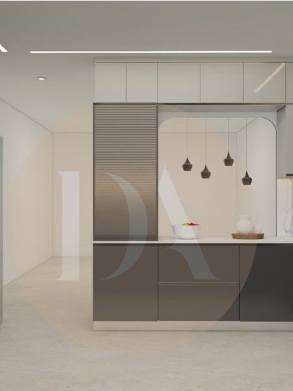 This view of the kitchen render highlights the integrated appliances and the pass-through window to the dining area. This feature is perfect for entertaining and connecting the spaces.