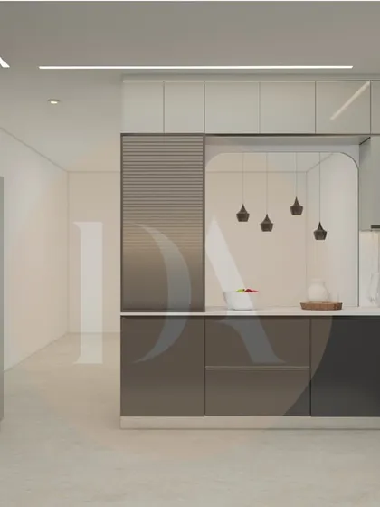 This view of the kitchen render highlights the integrated appliances and the pass-through window to the dining area. This feature is perfect for entertaining and connecting the spaces.