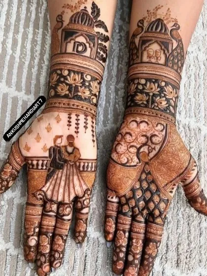A beautiful engagement design featuring a dancing couple on one hand and intricate peacock and floral work on the other, with the couple's initial on the arm.