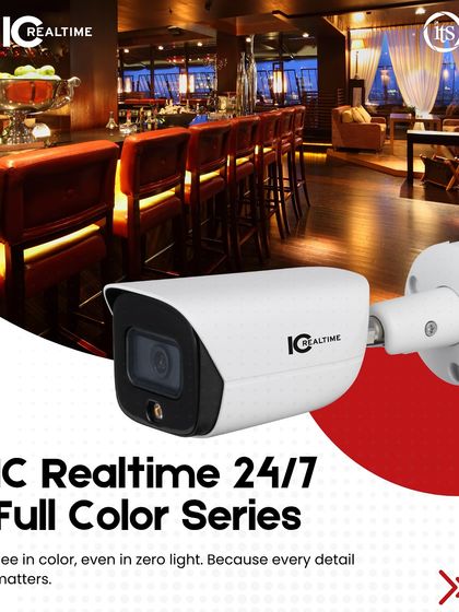 A closer look at an IC Realtime 24/7 Full Color Series camera, designed for zero-light environments. Its sleek design is suitable for high-end commercial interiors like bars or restaurants, providing security without compromising aesthetics.