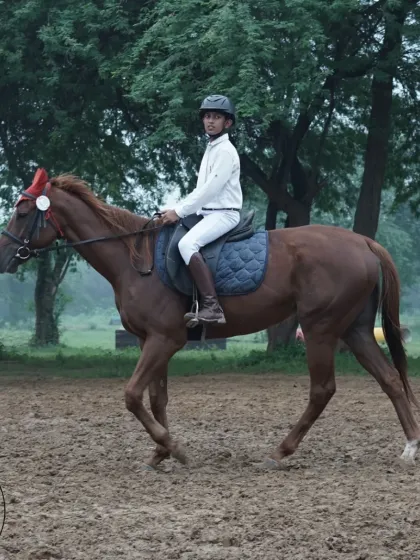 A rider practices his posture and control during a lesson in our outdoor arena.