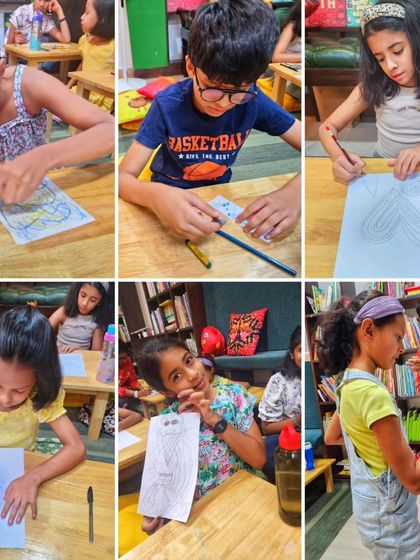 A collage of our young doodlers completely absorbed in their work. From finding shapes in scribbles to creating their own patterns, this workshop was all about expressing creativity.
