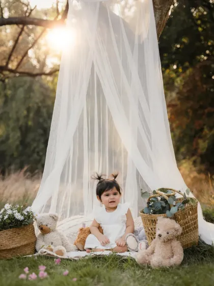 Another view of the magical teepee setup, with the little girl looking ready for a story or a nap.