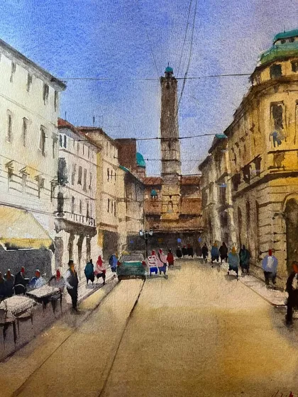 This painting of Bologna, Italy, was also exhibited at the IWS watercolor festival. It shows a bustling street leading to one of the city's iconic towers, painted from my travel references.