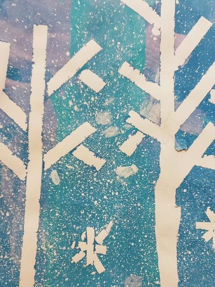 Here is the finished piece from our sponge painting session: "A Winter Storm." This beautiful tape-resist painting was made by my 3 to 6-year-olds.